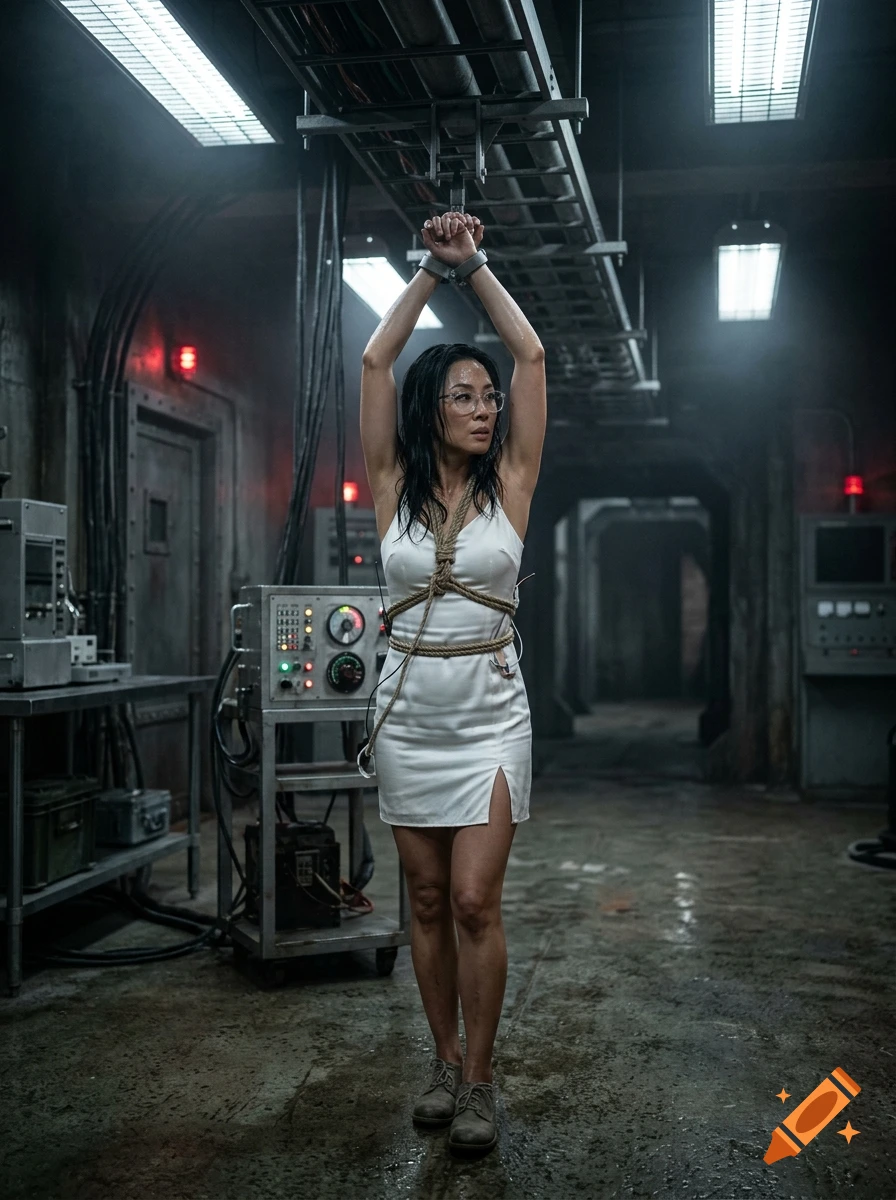 A woman wearing glasses and a white dress restrained by rope in an underground enemy headquarters.