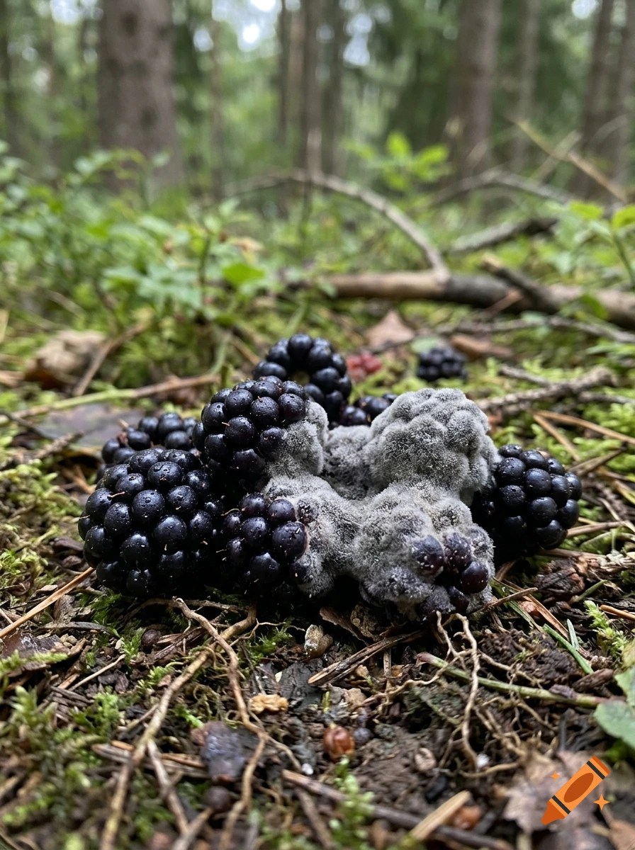 Close-up of fresh blackberries on forest floor, some covered in rat-grey fungus.