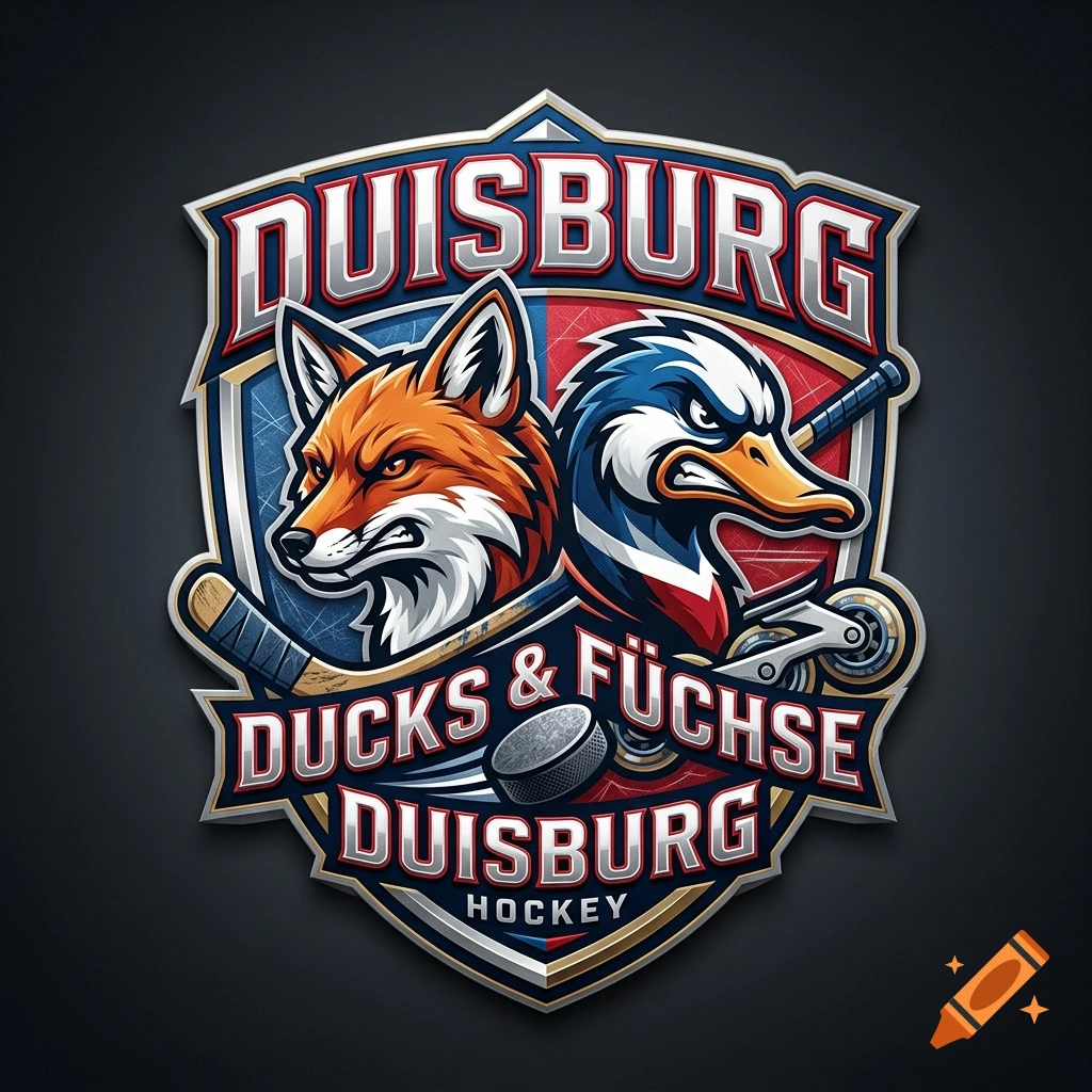 Sports team logo featuring a fox and a duck with hockey sticks and puck, and text reading Duisburg.