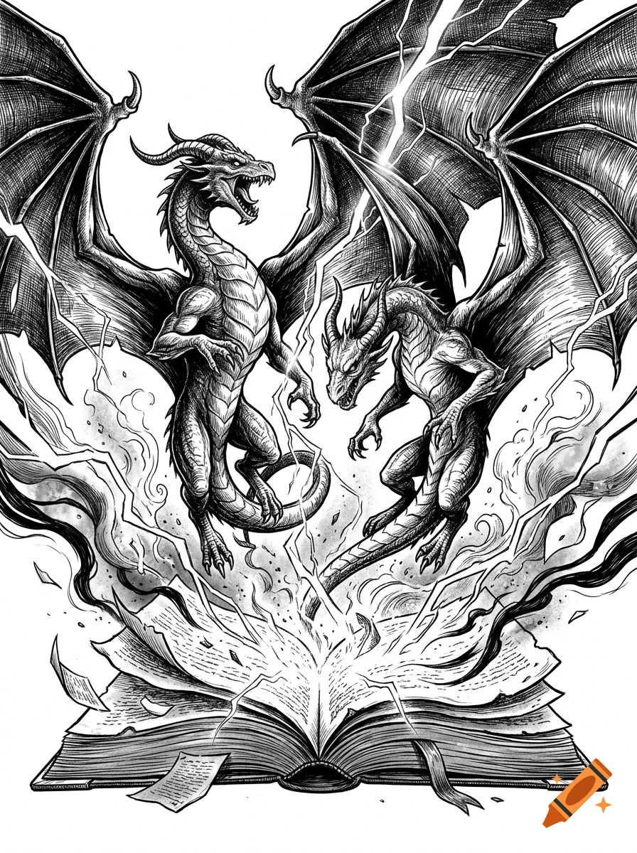 Detailed black and white ink drawing of two western dragons emerging from an open book with lightning and magical energy.