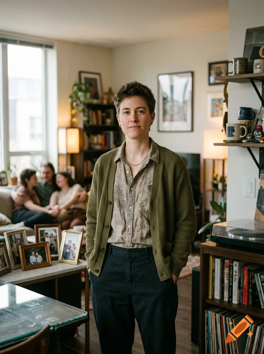 A photograph of a person with short hair standing in a living room, wearing an olive cardigan over a patterned button-down shirt.