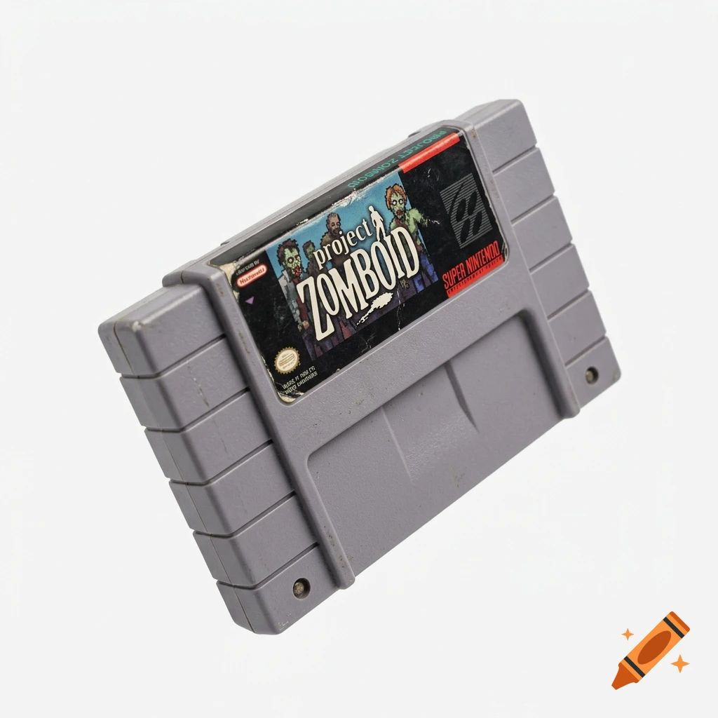 A worn Super Nintendo game cartridge with Project Zomboid label, tumbling mid-air against a white background.