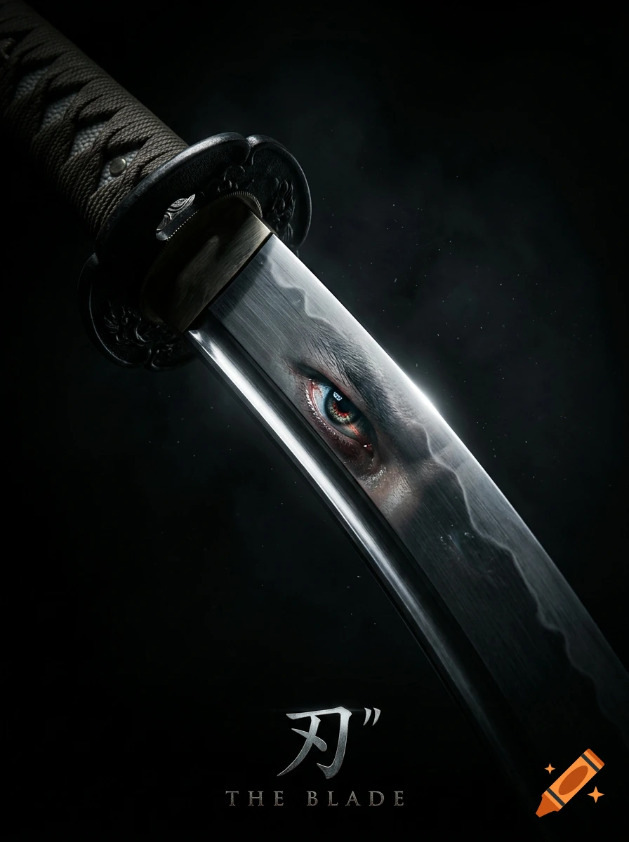 Close-up of a katana blade reflecting a fierce eye in a dark setting, with text at the bottom.