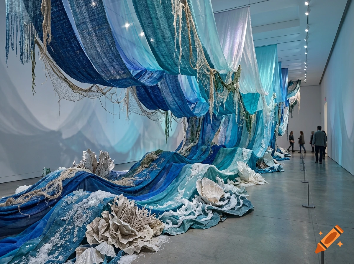 An art installation featuring draped blue and white fabric resembling ocean waves, displayed inside a gallery space with visitors walking alongside.