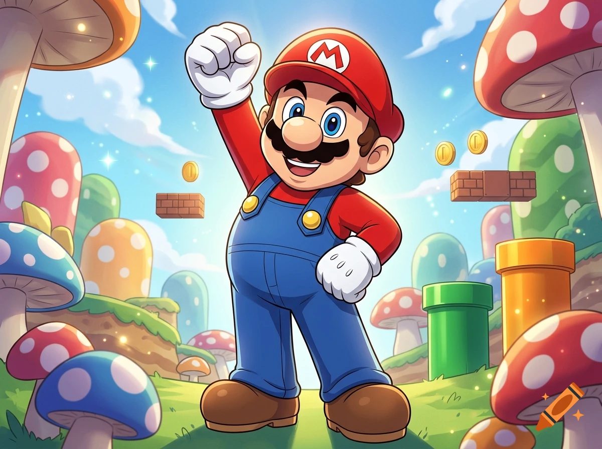 Digital illustration of Mario striking a pose with one fist raised in the air, set against a colorful mushroom kingdom background.
