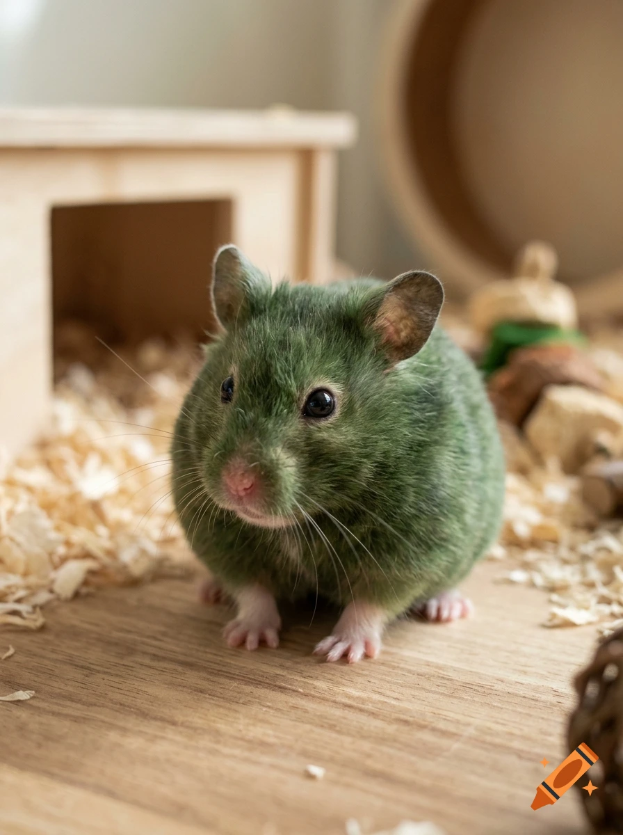 Close-up photorealistic shot of a small green hamster in its wooden cage with wood shavings.