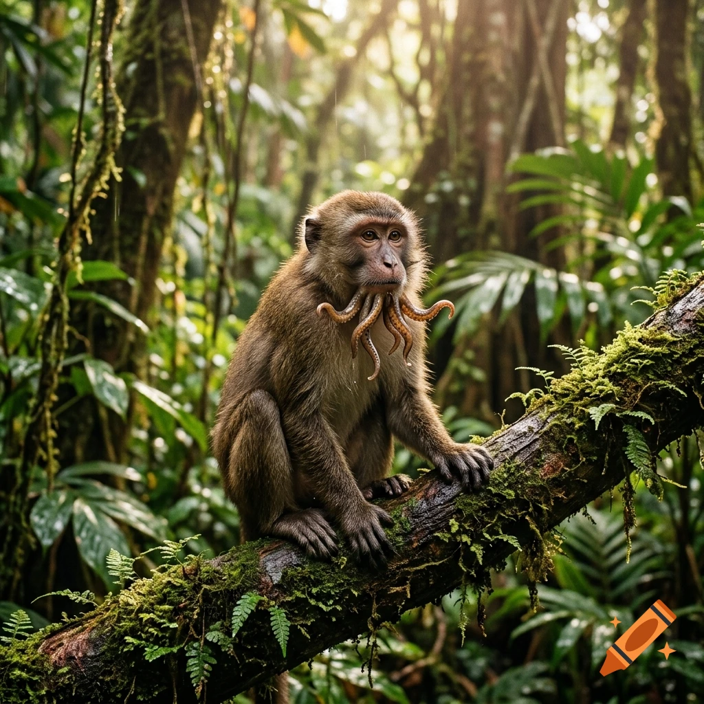 Photorealistic image of a monkey with a small octopus-like creature on its mouth, sitting on a mossy branch in a lush jungle.