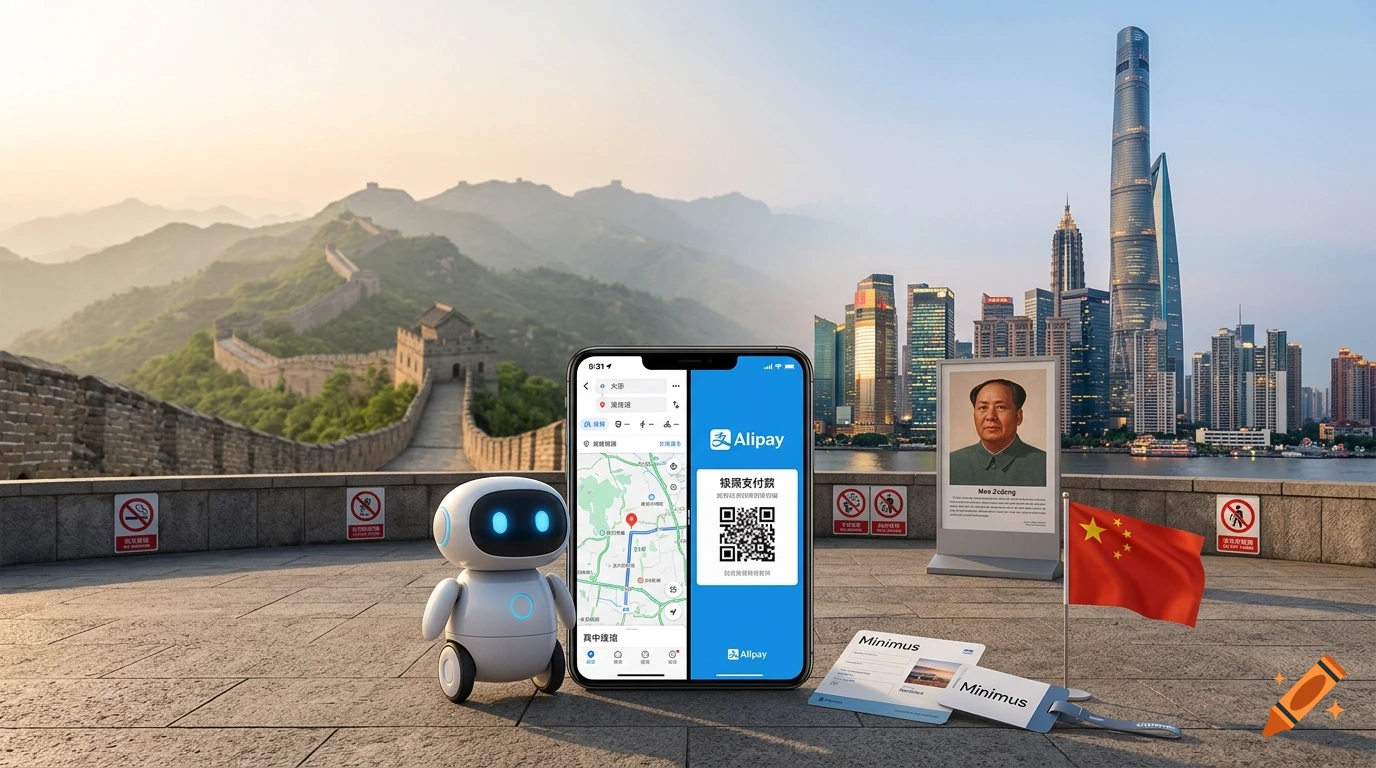 A friendly robot next to a smartphone displaying a map and payment app in front of the Great Wall of China and Shanghai skyline.
