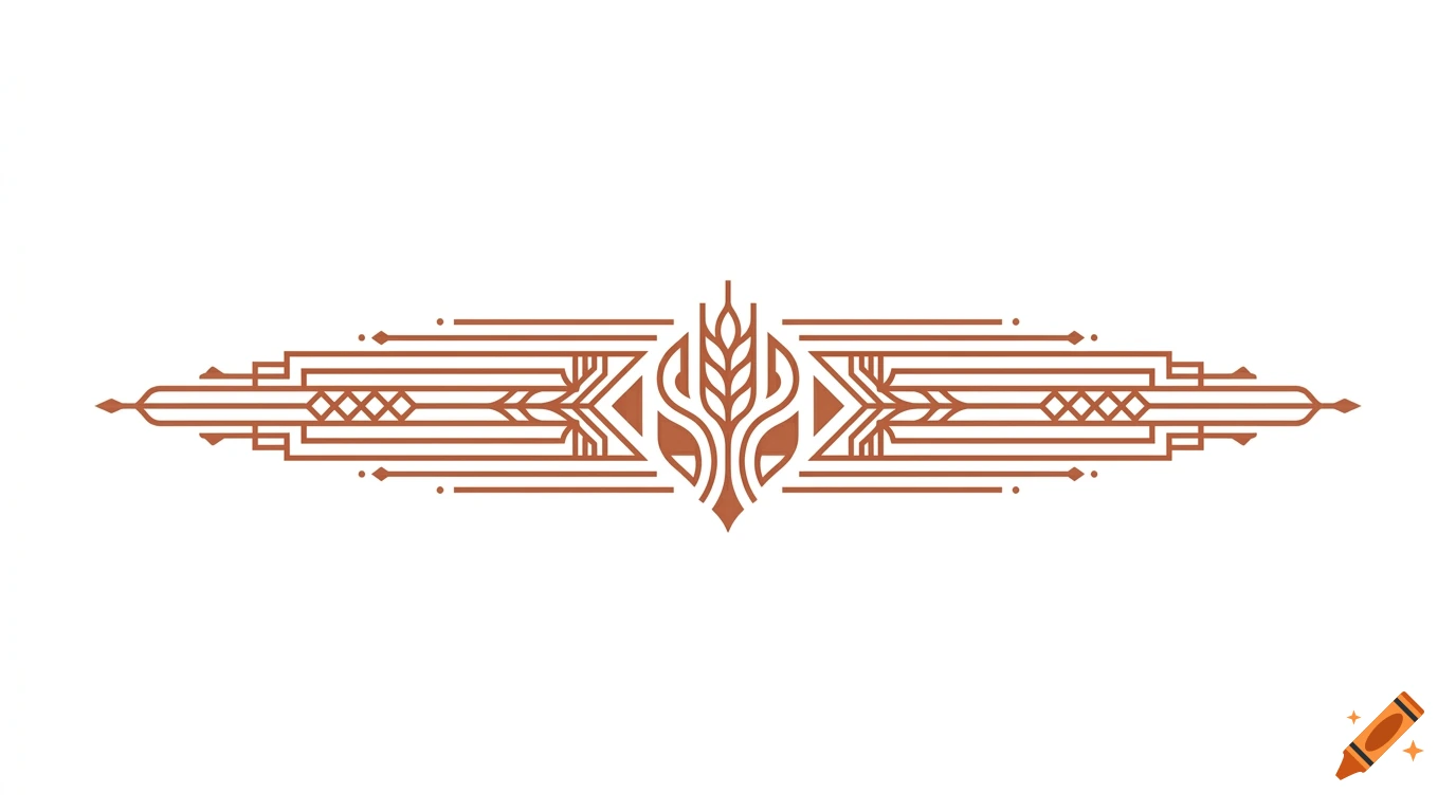 Wide terracotta colored art deco style logo divider with geometric patterns and a wheat stalk in the center.