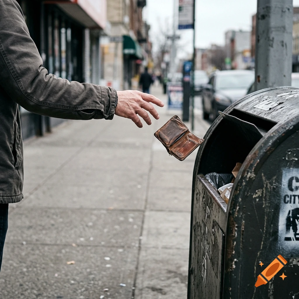 A person throwing a worn leather wallet into a metal city trash can on a sidewalk, photorealistic.