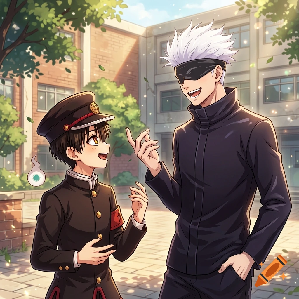 Anime illustration of Hanako-kun and Satoru Gojo chatting happily outdoors in a school courtyard.