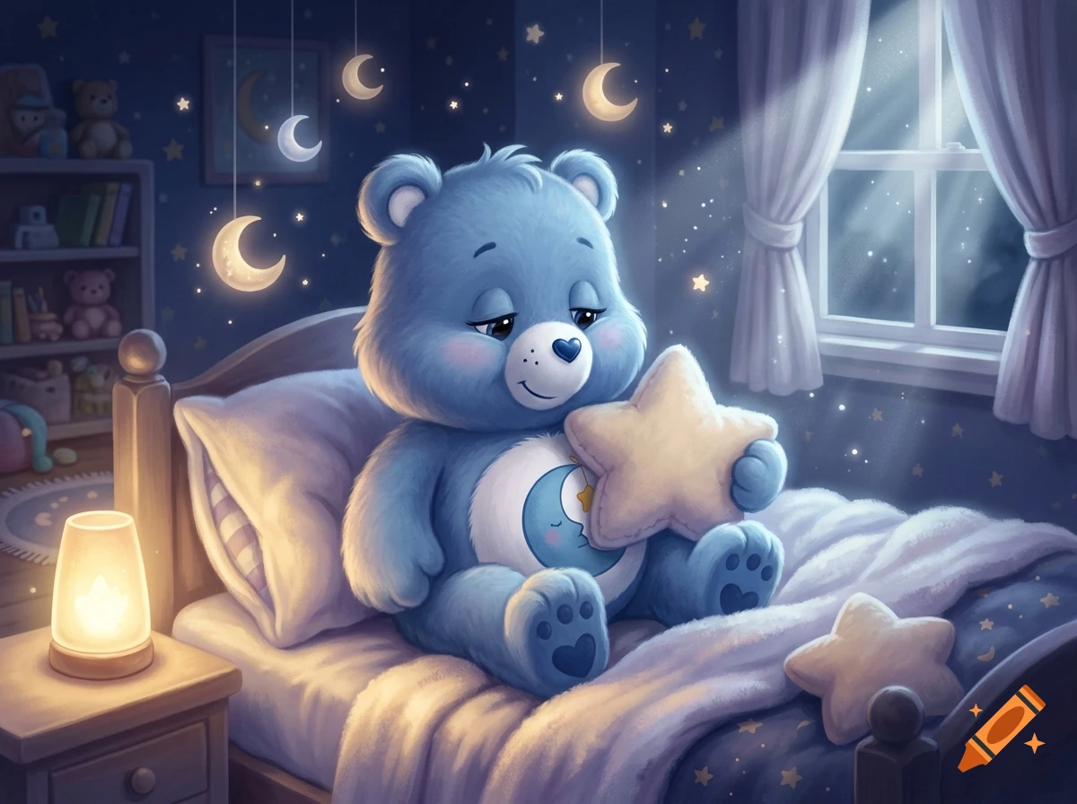 Digital illustration of a blue Care Bear sitting on a bed in a cozy bedroom at night, holding a star-shaped pillow.