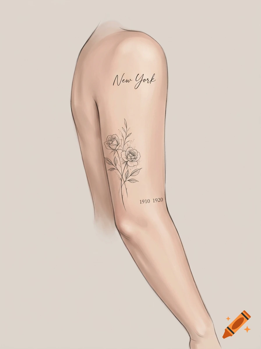 Digital illustration of an arm with fine line tattoos including flowers, the text 'New York', and the numbers '1910 1920'.