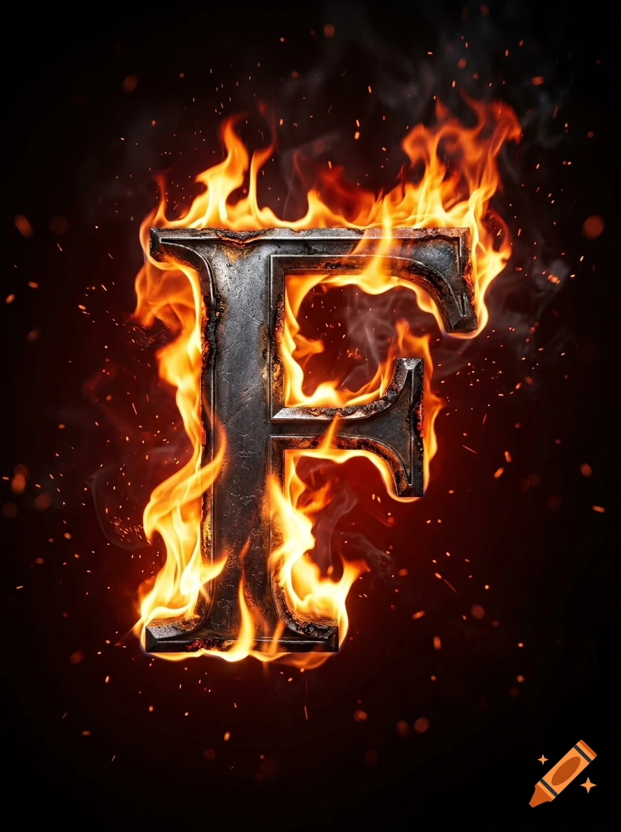 A metallic letter F engulfed in bright orange flames and glowing embers against a dark background, photorealistic 3D render.