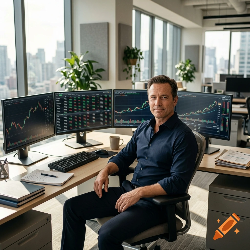 Photorealistic portrait of a successful trader smiling in a modern office with multiple monitors showing stock charts.