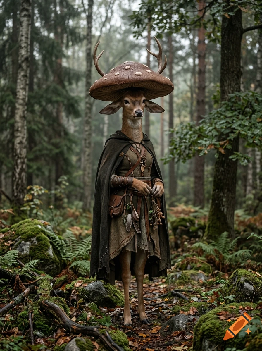 Photorealistic image of a deerfolk witch wearing a brown mushroom cap hat and green cloak standing in a mossy forest.