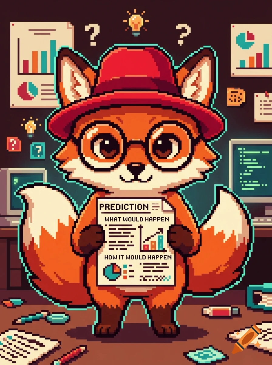 Pixel art of a cute fox wearing a red hat and glasses, holding a prediction chart in a study.