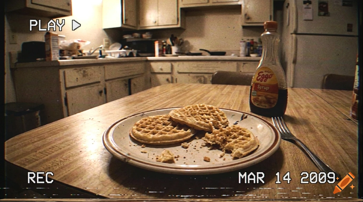 A plate of waffles and a bottle of syrup on a wooden table in a kitchen, styled as a 2009 VHS video recording.