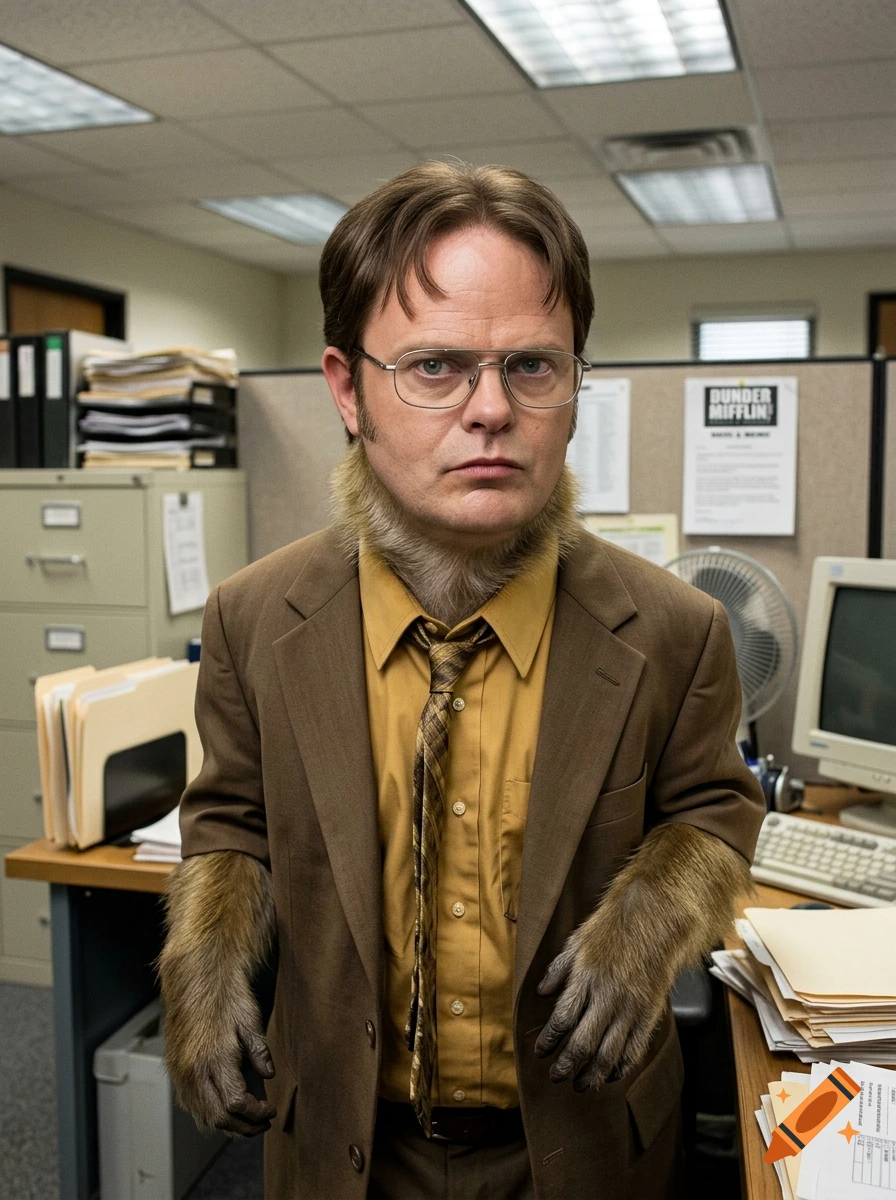 Photorealistic portrait of Dwight Schrute from The Office with monkey fur on his neck and hands, standing in an office.