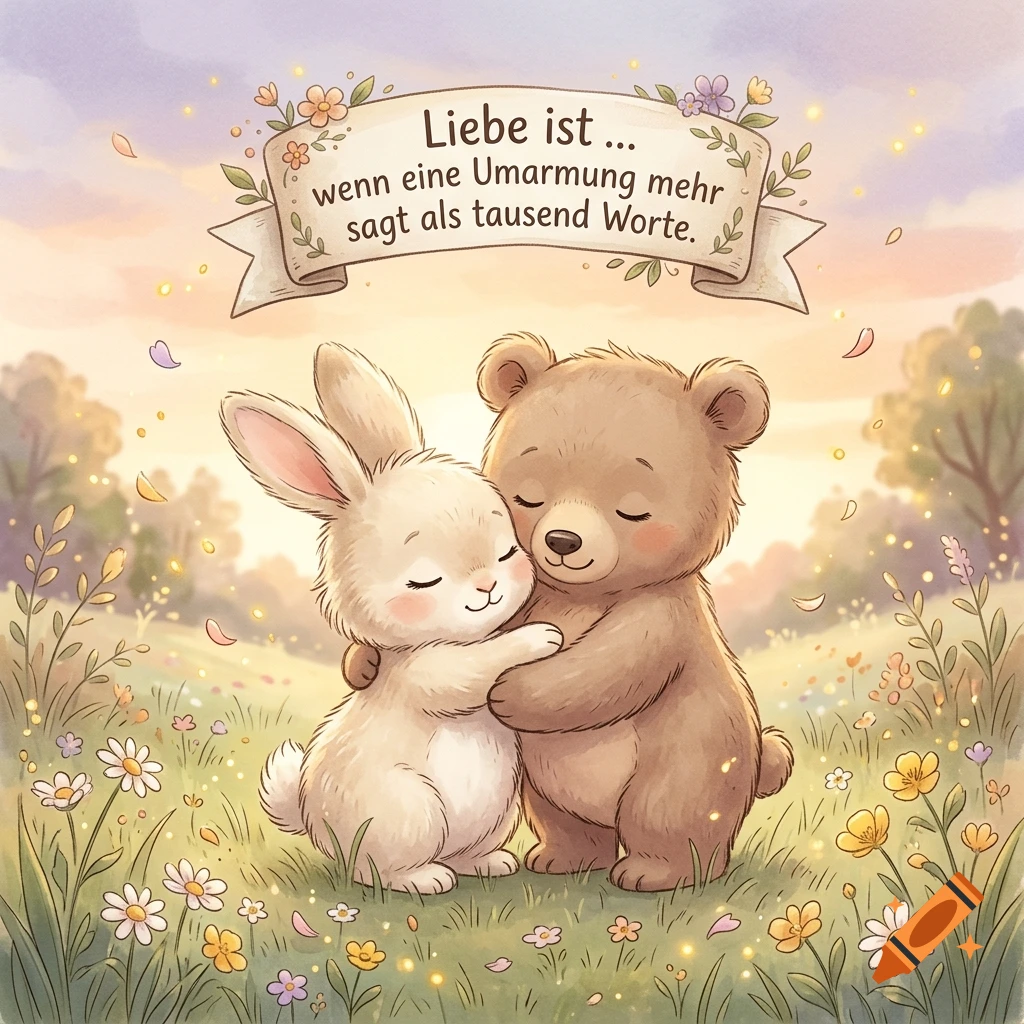 Watercolor illustration of a cute bunny and a bear hugging in a flower meadow with a banner reading 'Liebe ist...'