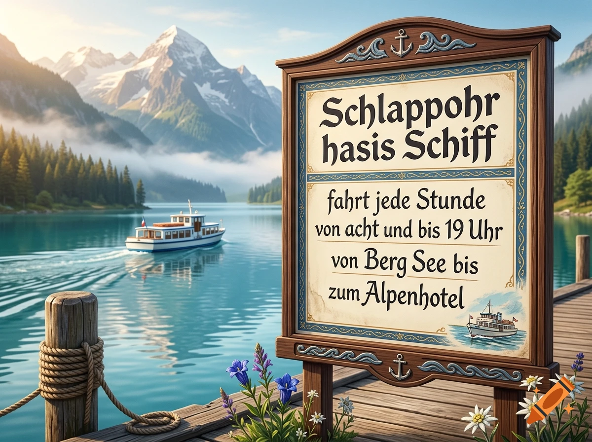 A wooden sign with German text reading Schlappohr hasis Schiff by a scenic alpine lake with mountains and a boat.