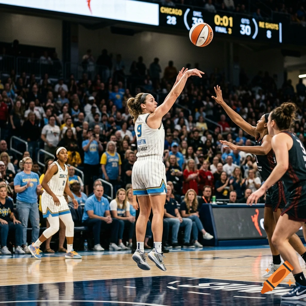 Photorealistic action shot of basketball player Kate Martin shooting a basketball during a game.