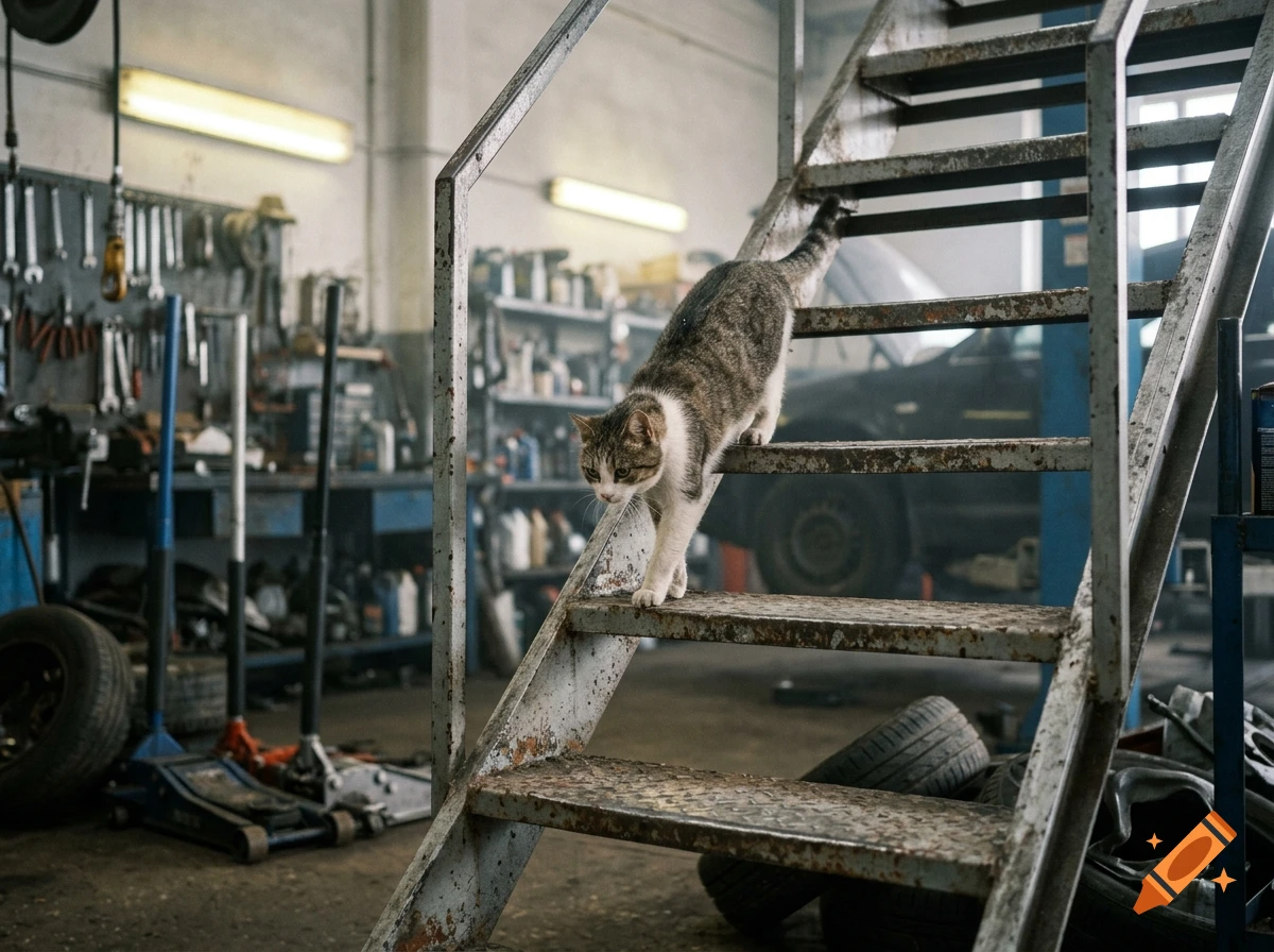Photorealistic image of a tabby and white cat walking on metal stairs in a cluttered auto repair shop.