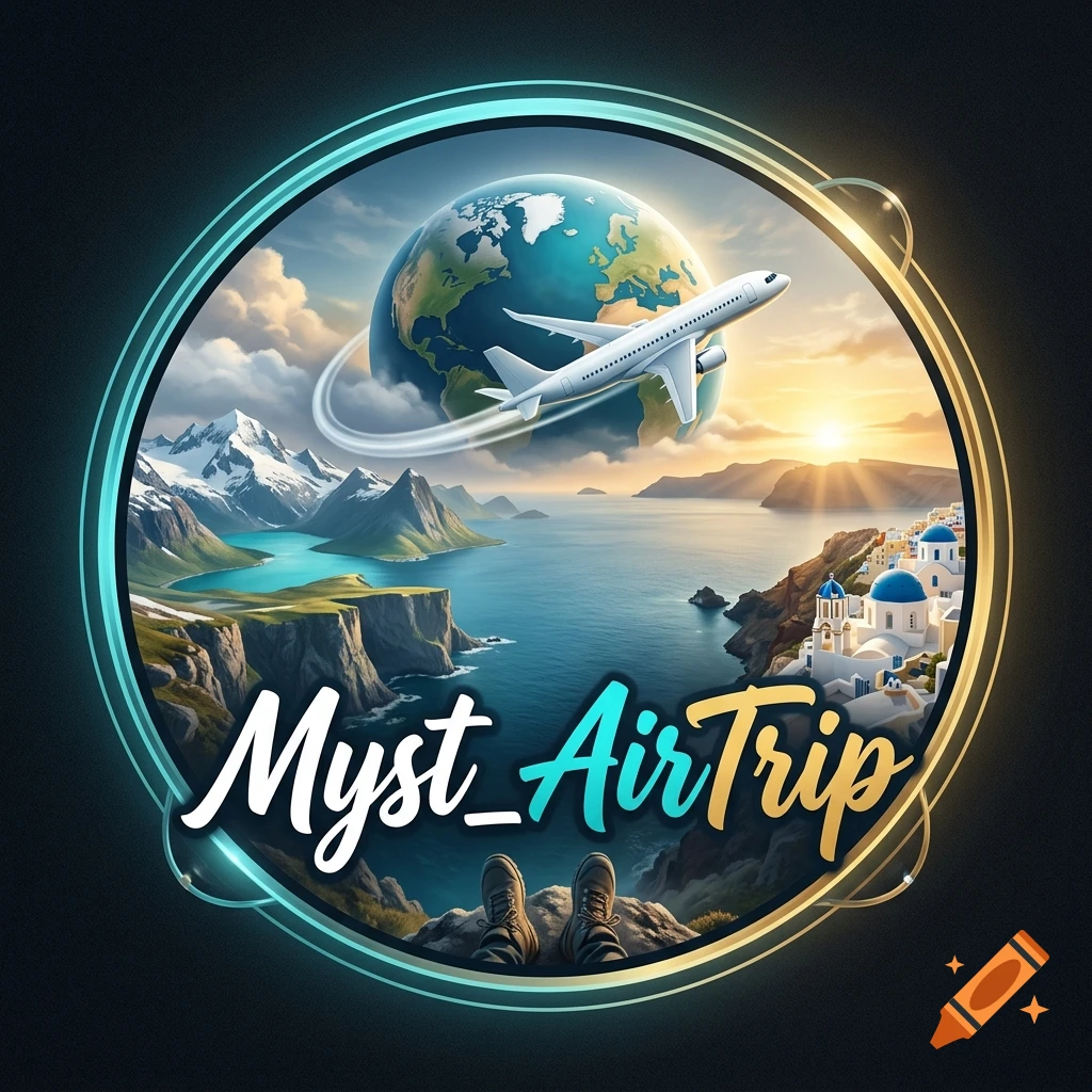 Circular travel logo with globe, airplane, landscape montage, and the text Myst_AirTrip.