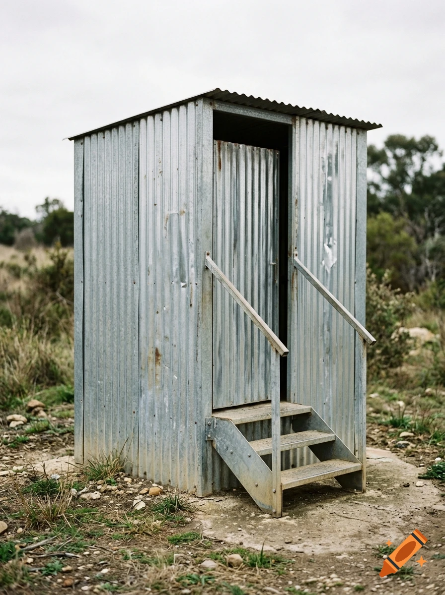 Photorealistic image of a corrugated metal outhouse with stairs and a handrail set in a sparse natural landscape.