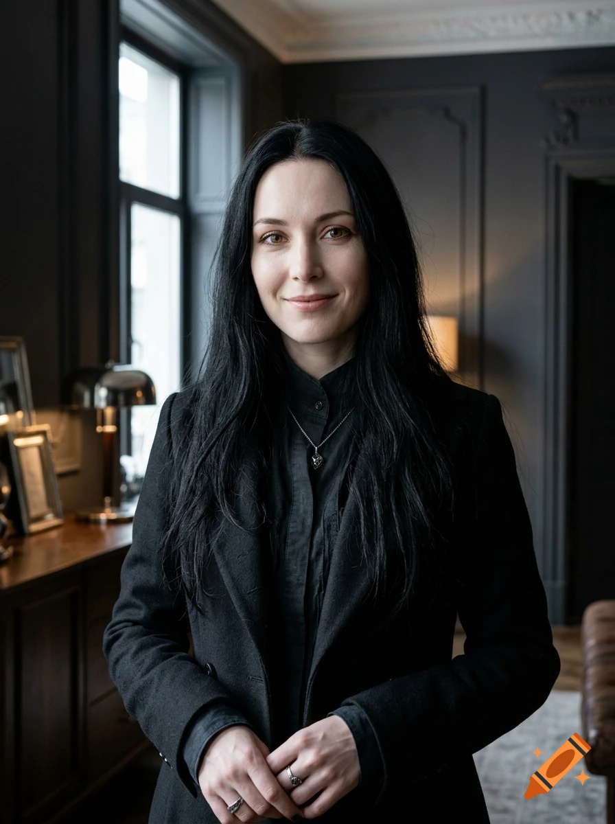 Photorealistic portrait of a modern gothic vampire woman with long black hair, pale skin, and hazel eyes wearing a black coat inside a dark room.