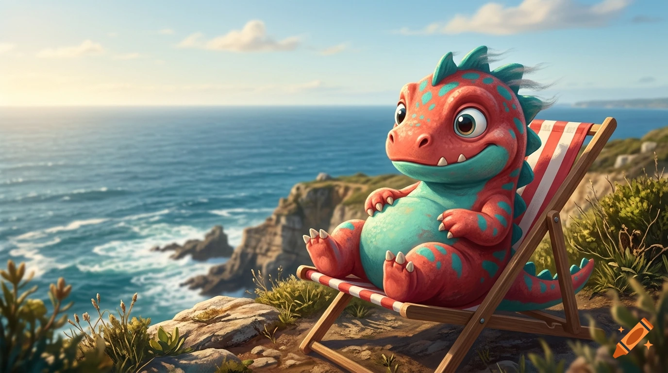 A cute red and turquoise dinosaur with spikes relaxing in a beach chair on a cliff overlooking the ocean, digital illustration style.