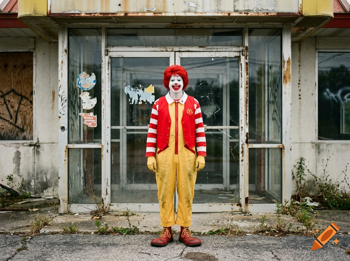 Photorealistic photo of Ronald McDonald standing outside dilapidated entrance doors.