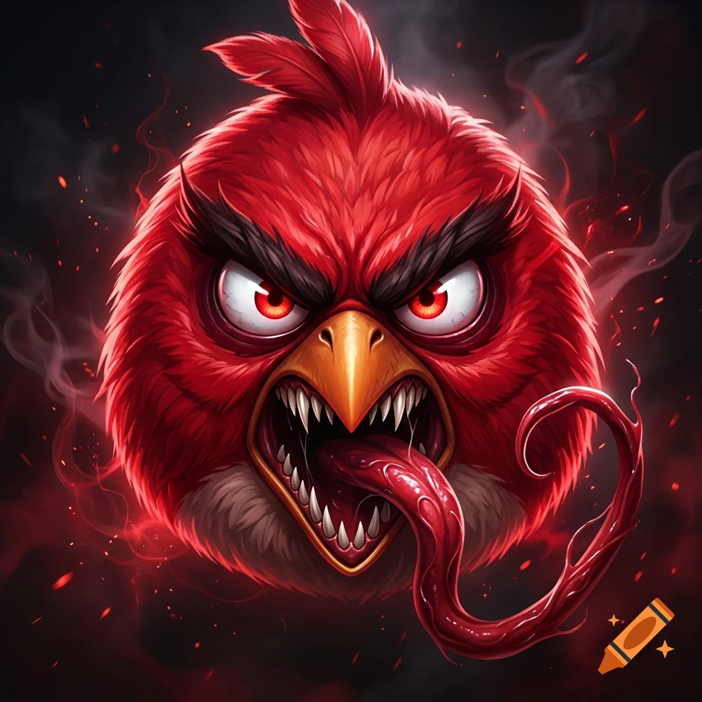 Close-up digital illustration of an angry red bird with glowing red eyes, sharp teeth, and a long Venom-like tongue.