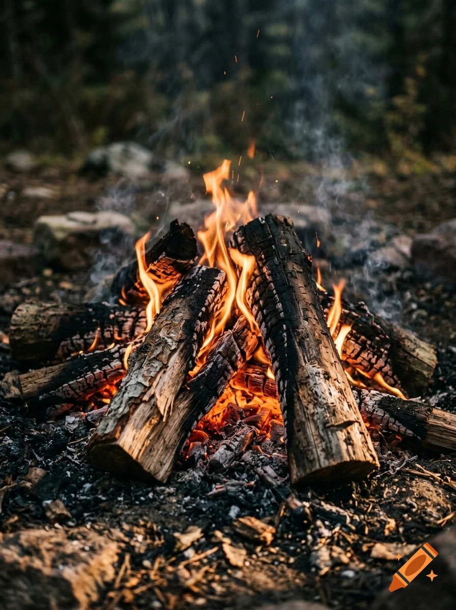 Close-up photograph of a bright campfire burning with logs and glowing embers in a forest.