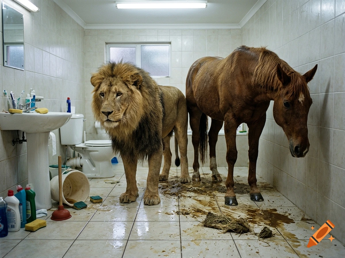 Photorealistic image of a lion and a horse standing inside a tiled bathroom with mess on the floor.