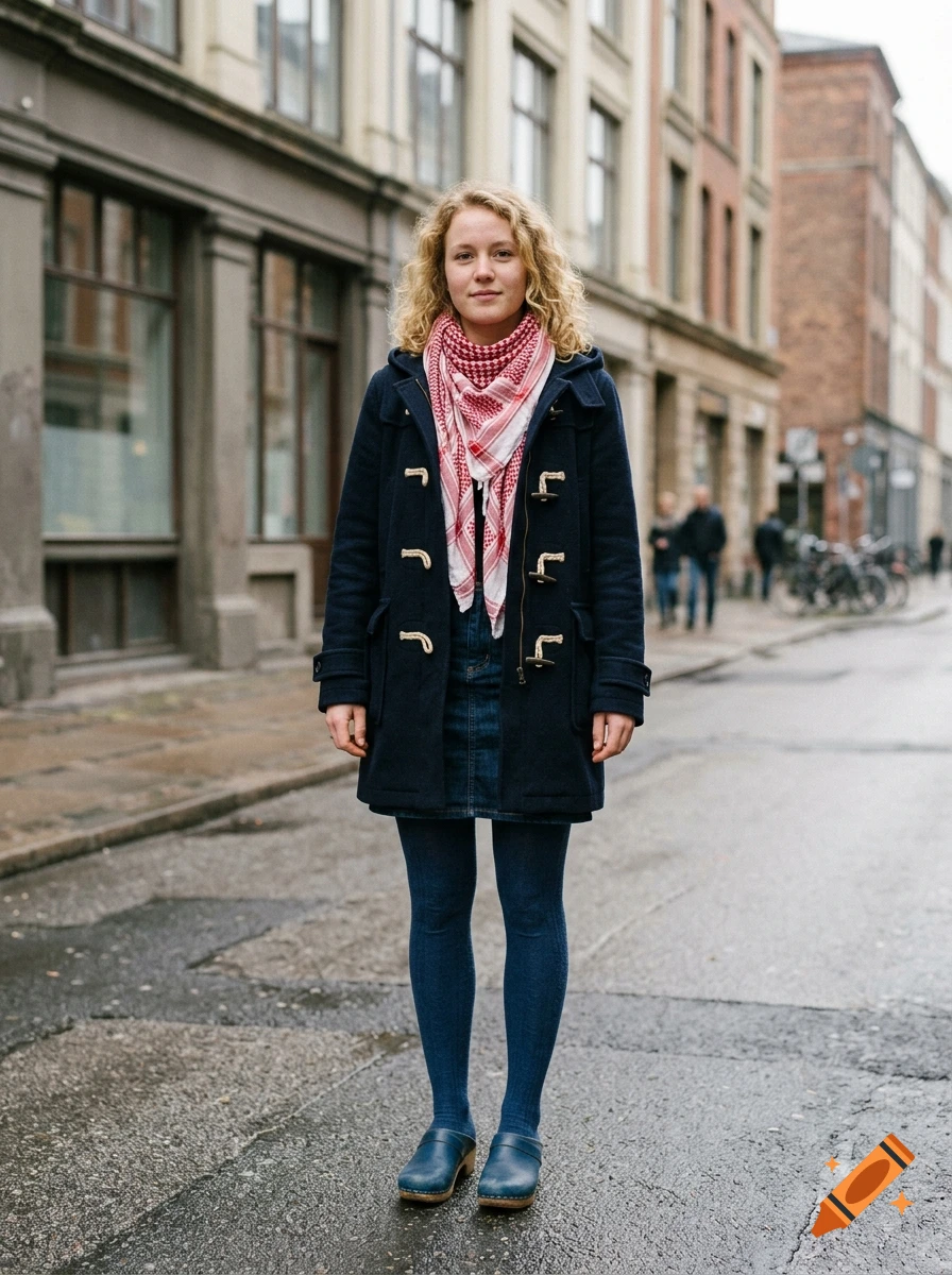Full-body photograph of a young woman with blonde curly hair wearing a blue duffel coat, red-and-white scarf, and blue clogs on a city street.