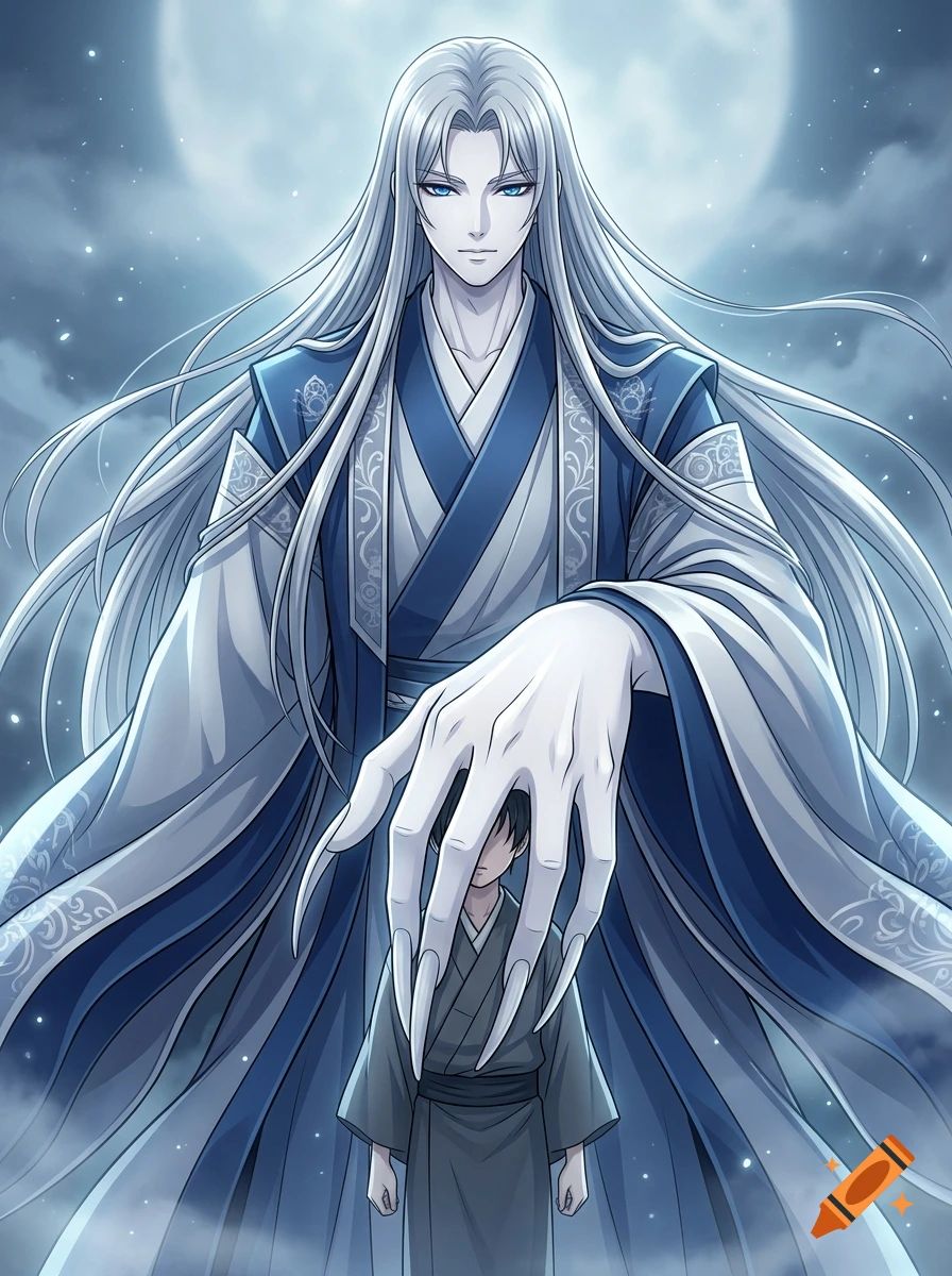 Digital 2D anime illustration of a giant silver-haired deity with a massive hand covering a young boy's face under moonlight.