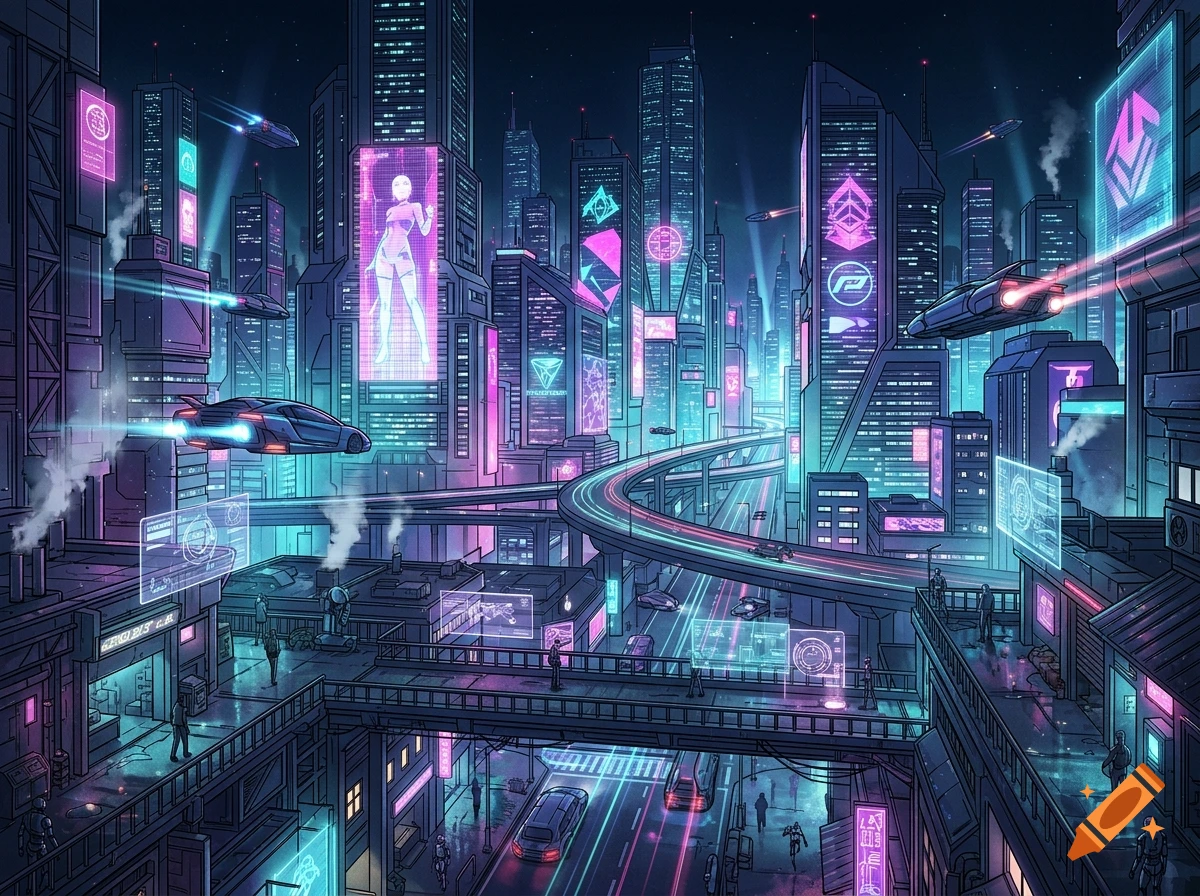 An illustration of a futuristic sci-fi city at night, featuring neon lights, towering skyscrapers, elevated highways, and flying vehicles.