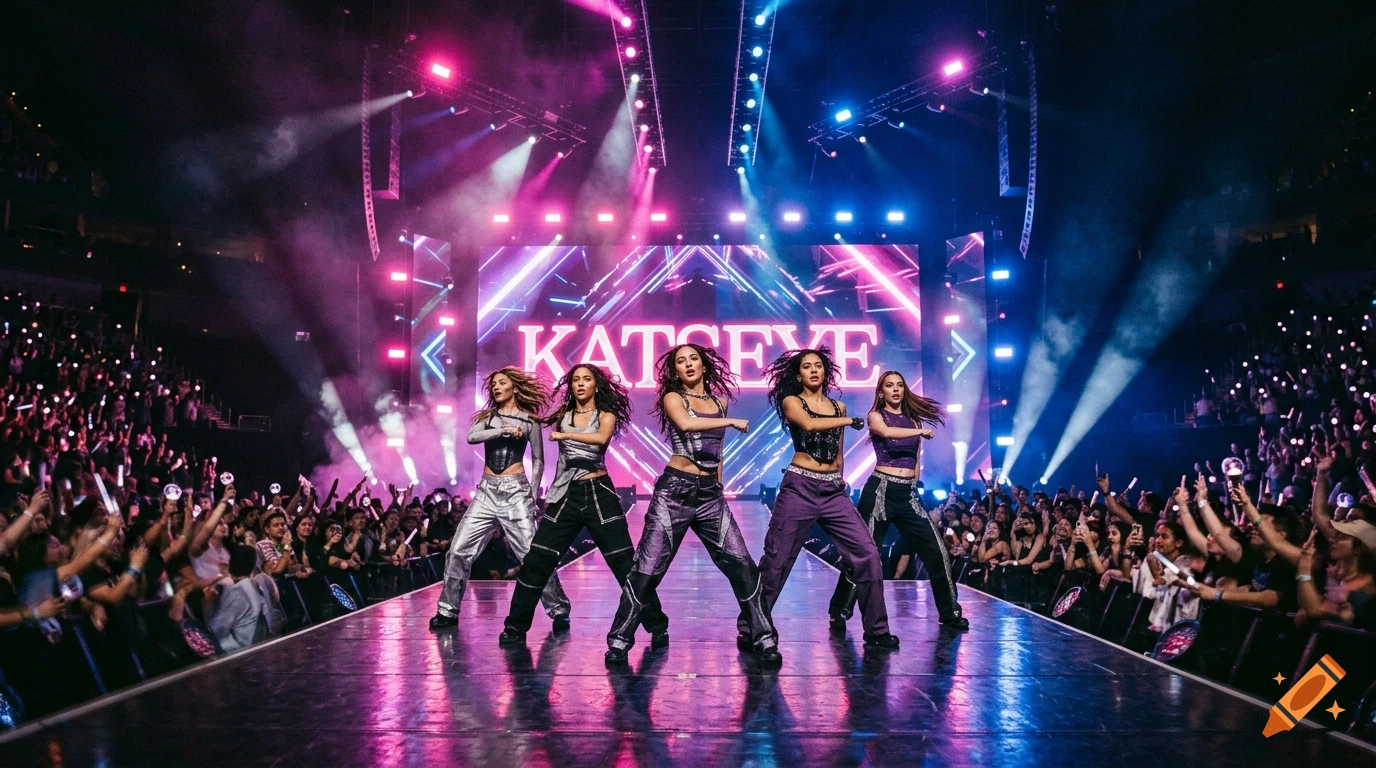 Five performers dancing on a stage with a large screen displaying the word KATSEYE under colorful concert lighting, surrounded by a crowd.