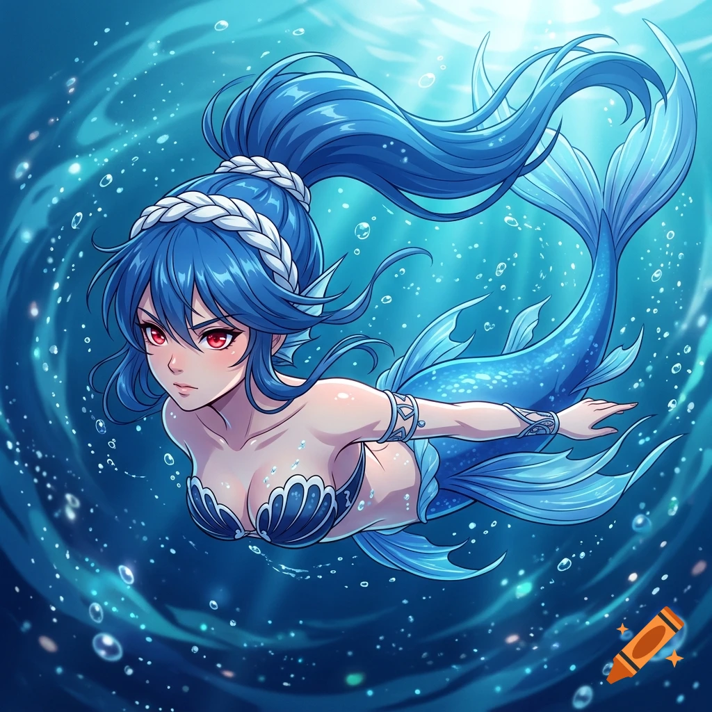 Anime style illustration of a blue-haired mermaid swimming underwater with a blue tail and red eyes.