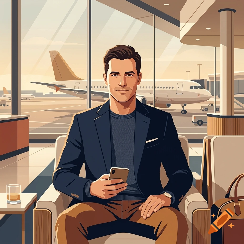 Modern editorial illustration of a sharp man in his 30s holding a phone in a warm airport lounge with an airplane visible through the window.