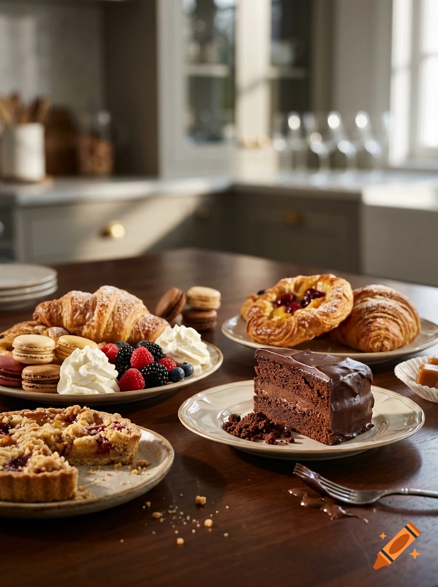 Photorealistic image of a wooden table laden with pastries, croissants, a slice of chocolate cake, and a berry tart in a bright kitchen.