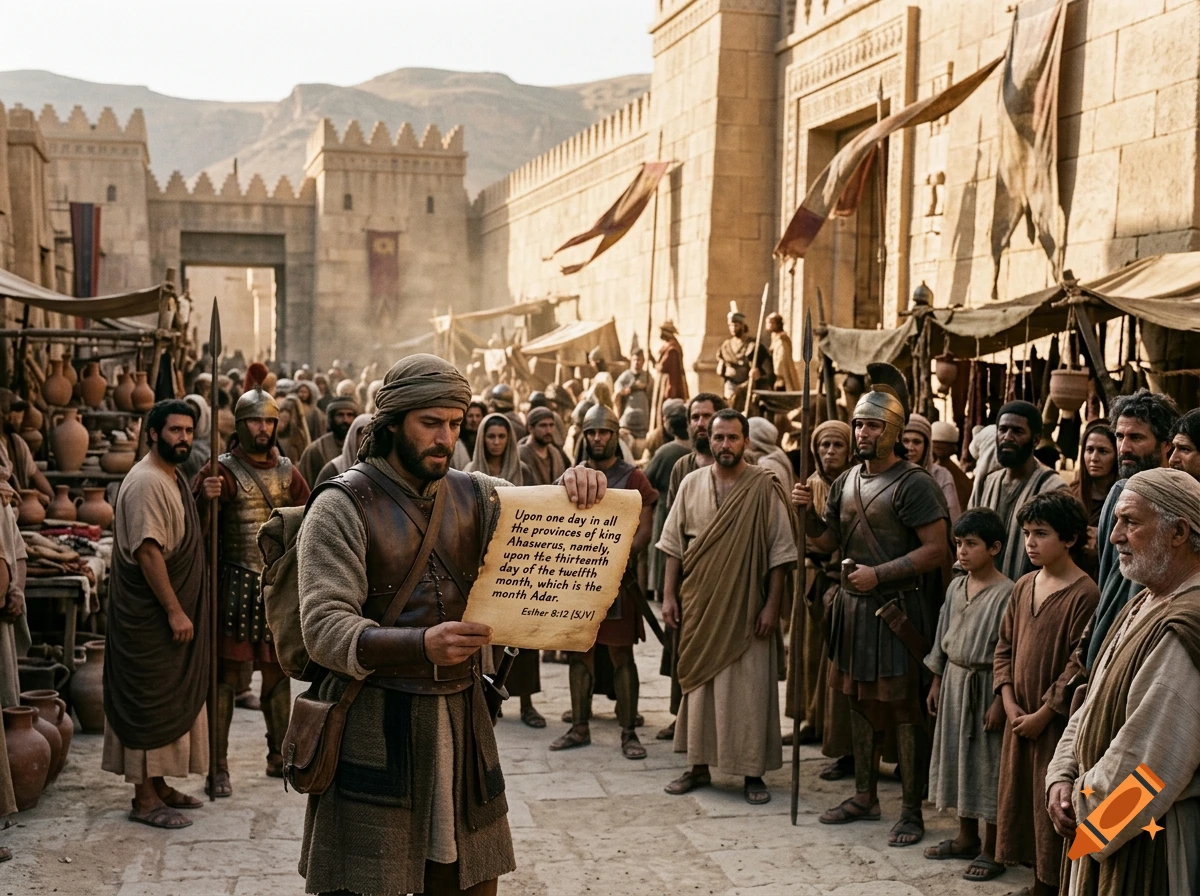 A man in ancient Middle Eastern attire holds up a scroll of text in a crowded marketplace with stone architecture.