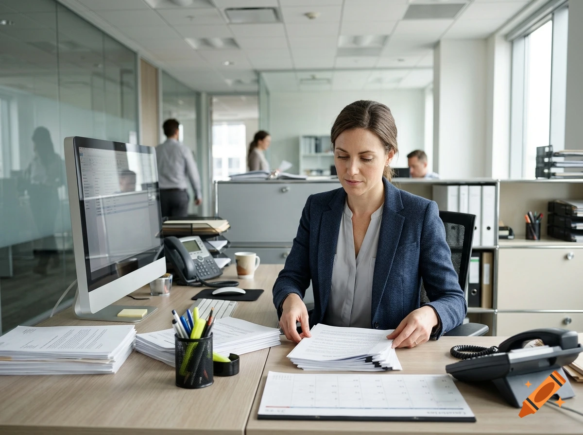Photorealistic image of a female secretary working at her desk in a modern office, surrounded by papers and a computer.