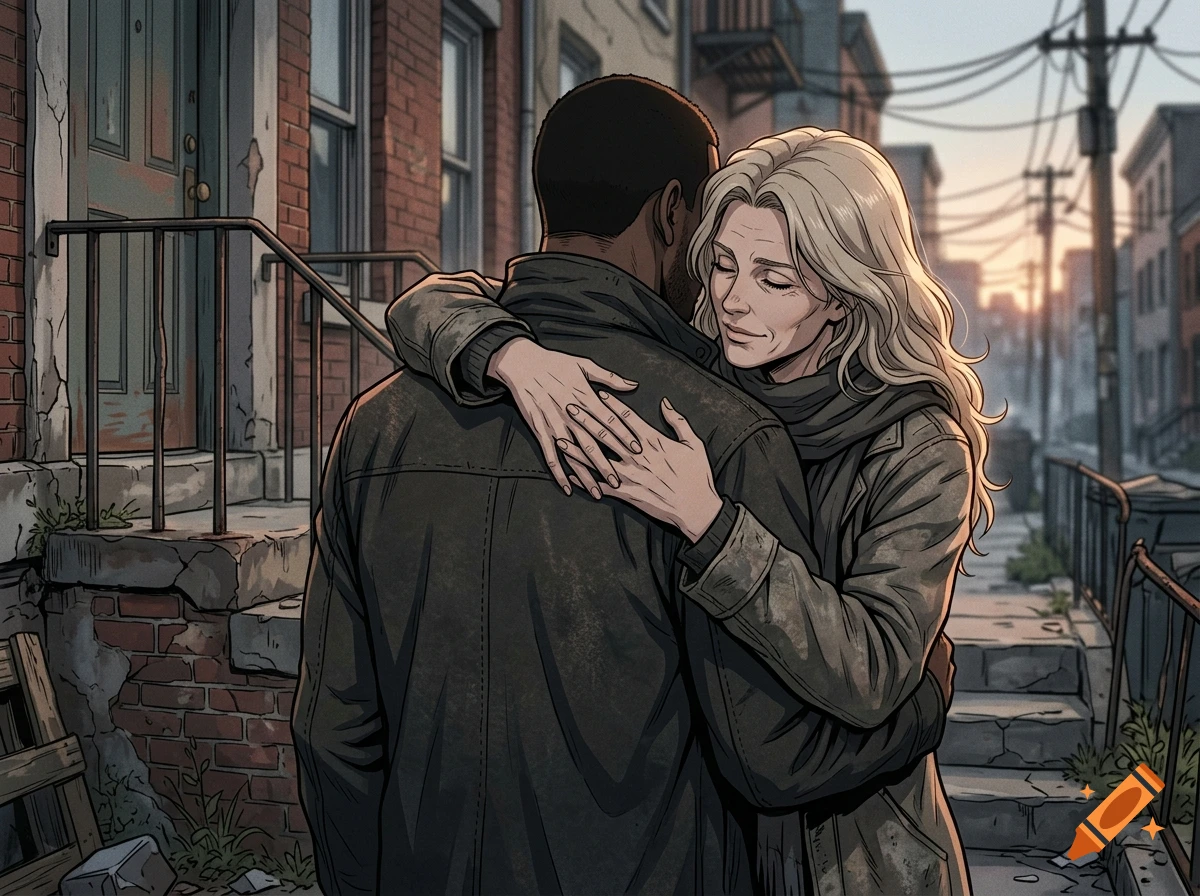 A black man and a blonde woman embracing on the steps of a row house, gritty Seinen anime aesthetic.