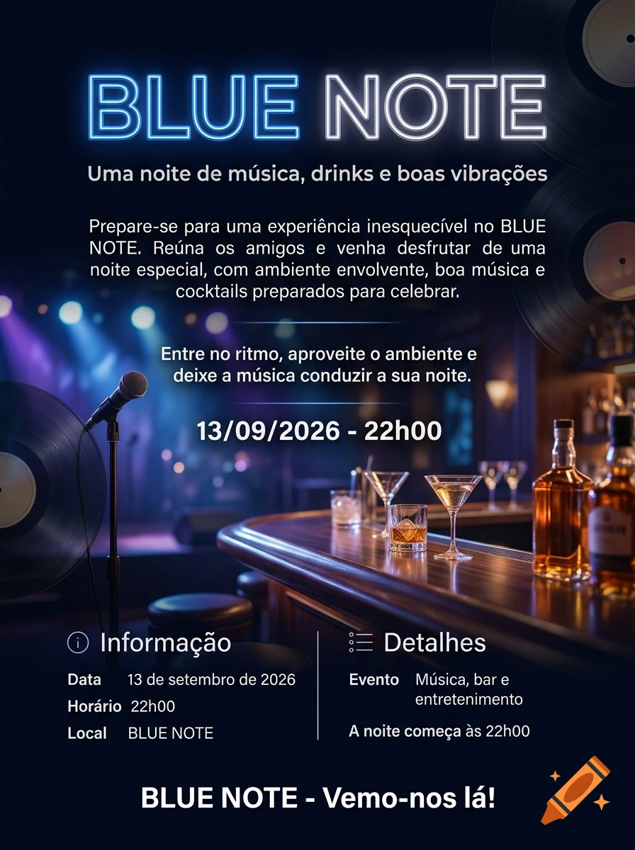 Blue Note event poster featuring a cocktail bar setting with microphone, vinyl records, and event details in Portuguese.