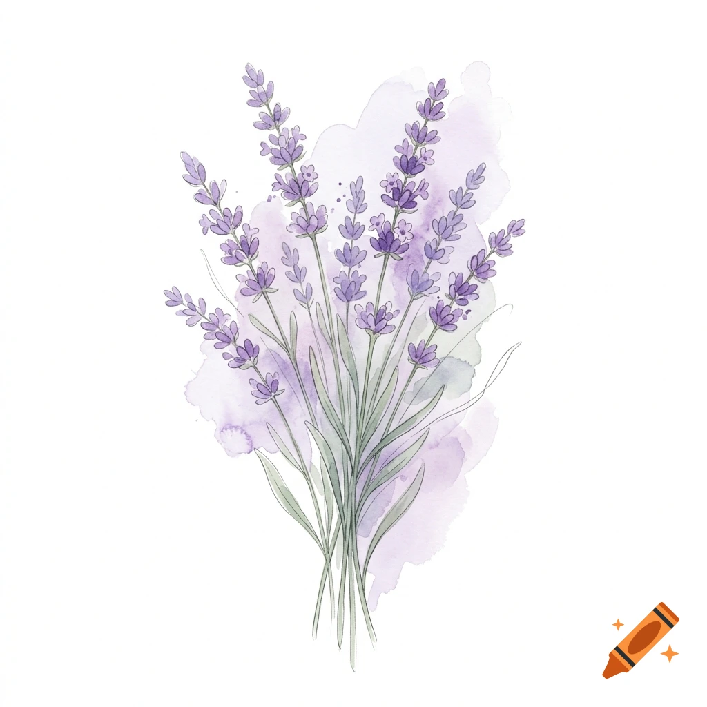 Watercolor illustration of a bunch of lavender flowers with purple blossoms and green stems against a white background.