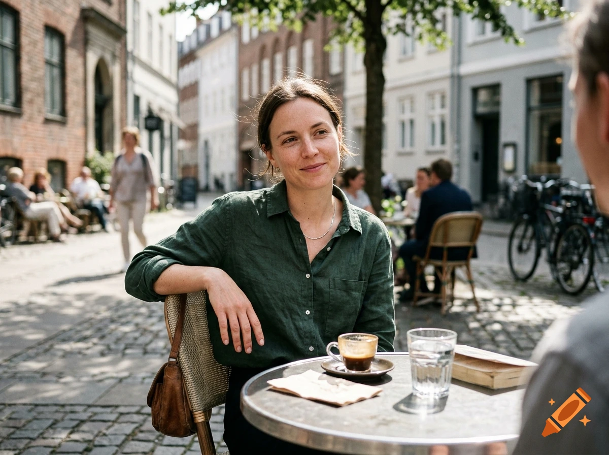 Photorealistic image of a woman sitting at an outdoor cafe table in a European street, smiling.