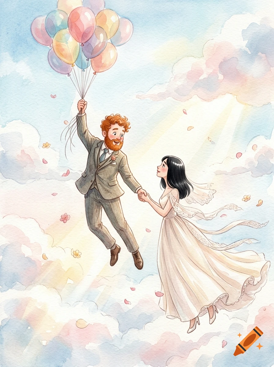 Watercolor illustration of a bride and groom floating in the sky holding a bunch of colorful balloons.