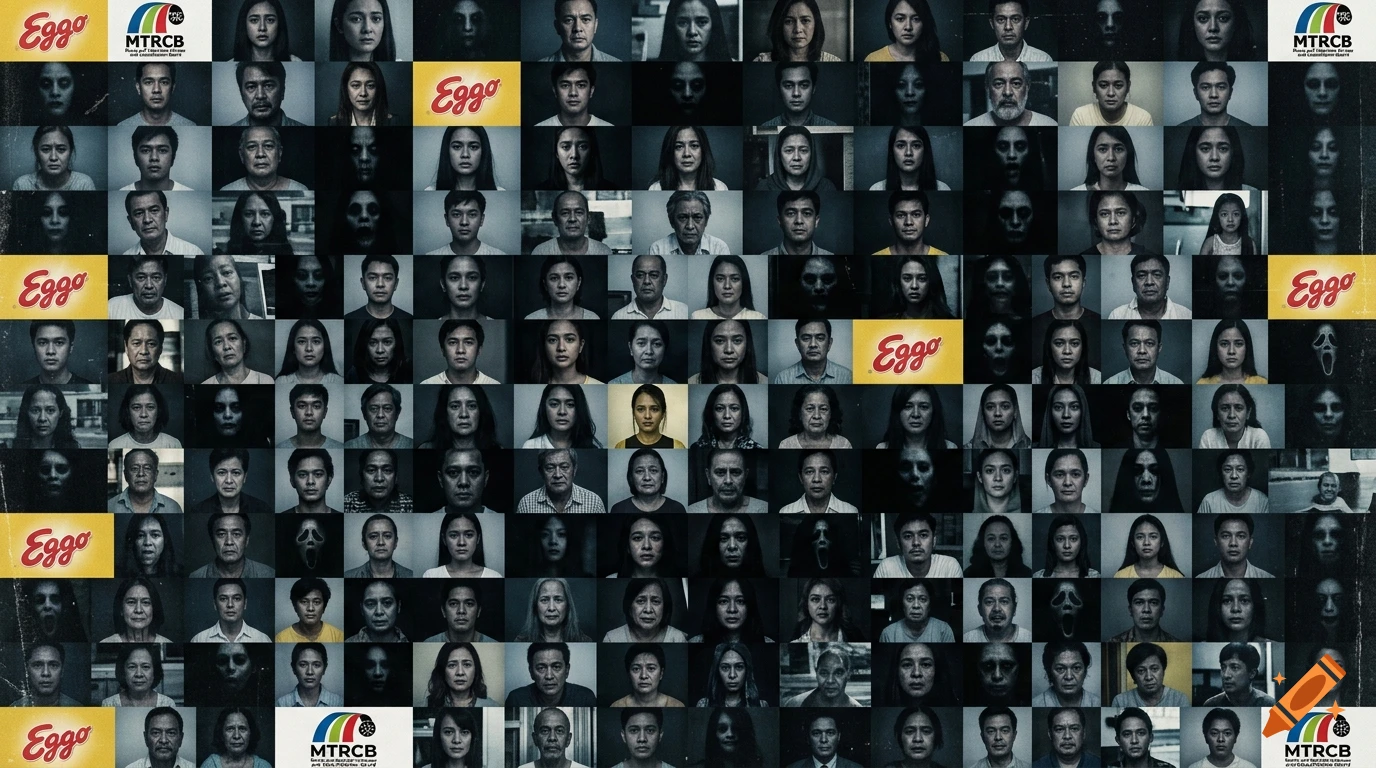 A grid collage featuring many scary, sad, and creepy faces mixed with Eggo and MTRCB logos in a 16:9 format.